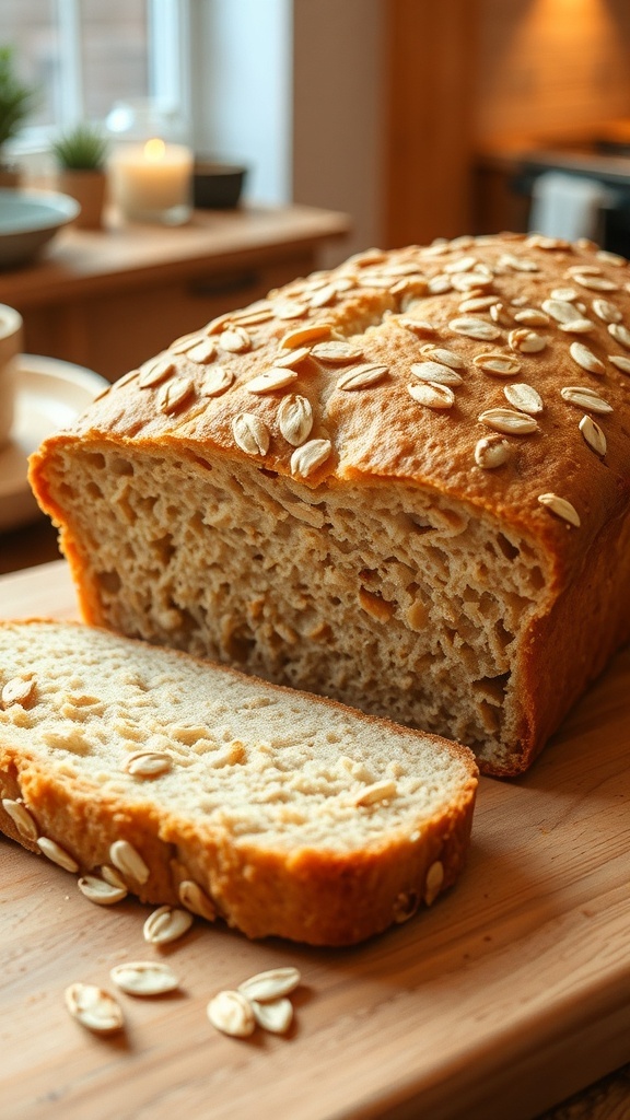 Homemade Oat Bread Recipe A loaf of homemade oat bread sliced on a wooden board, showcasing its dense texture and scattered oats.